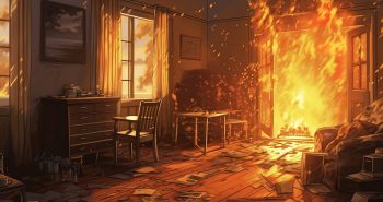 Anime Style: The living room of a house catches fire in a blaze. Maximum quality and detail. Fire. Anime Style --chaos 100 --ar 3:2 --stylize 1000 --v 5.1 Job ID: fca55dd9-800c-445e-8bc3-464e48268bfb